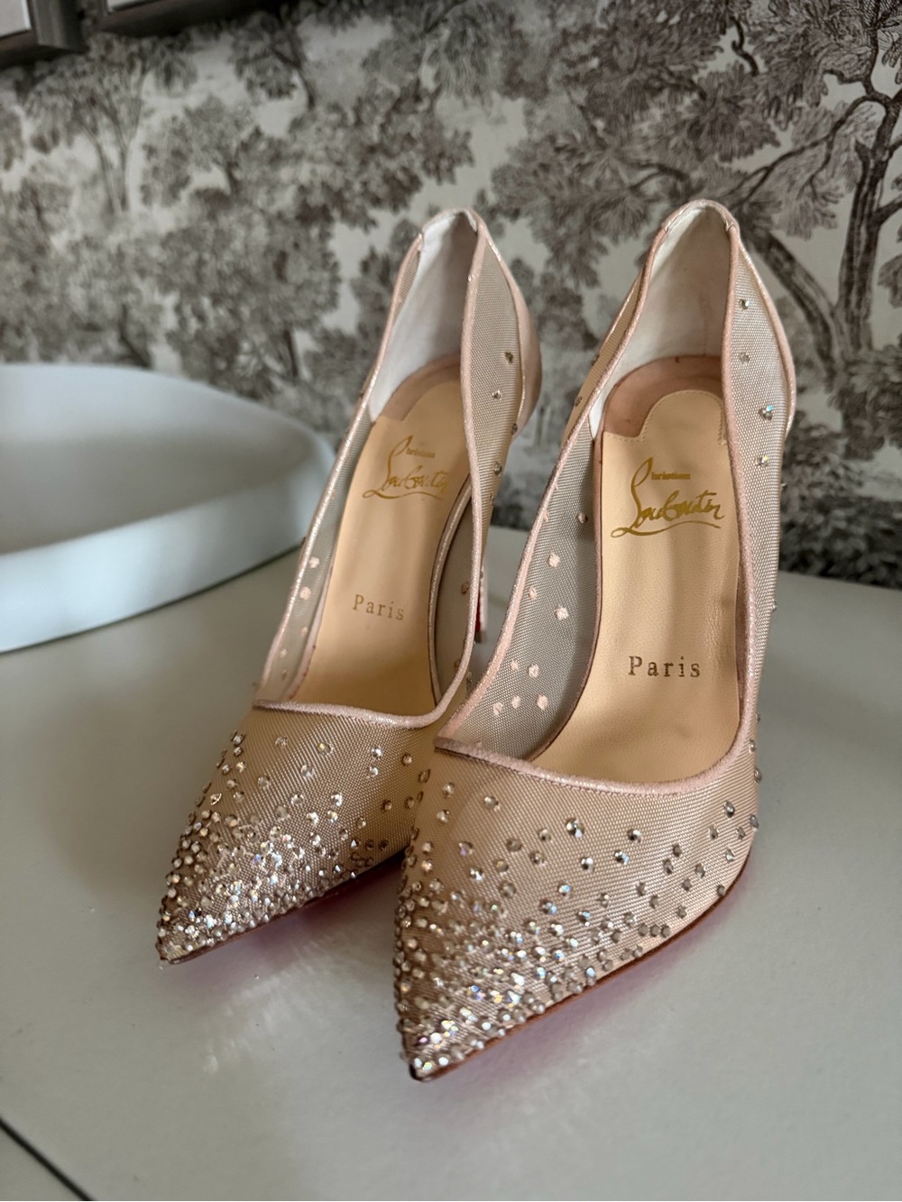 Christian Louboutin Nude/Pale Pink Crystal-Embellished Mesh Pumps